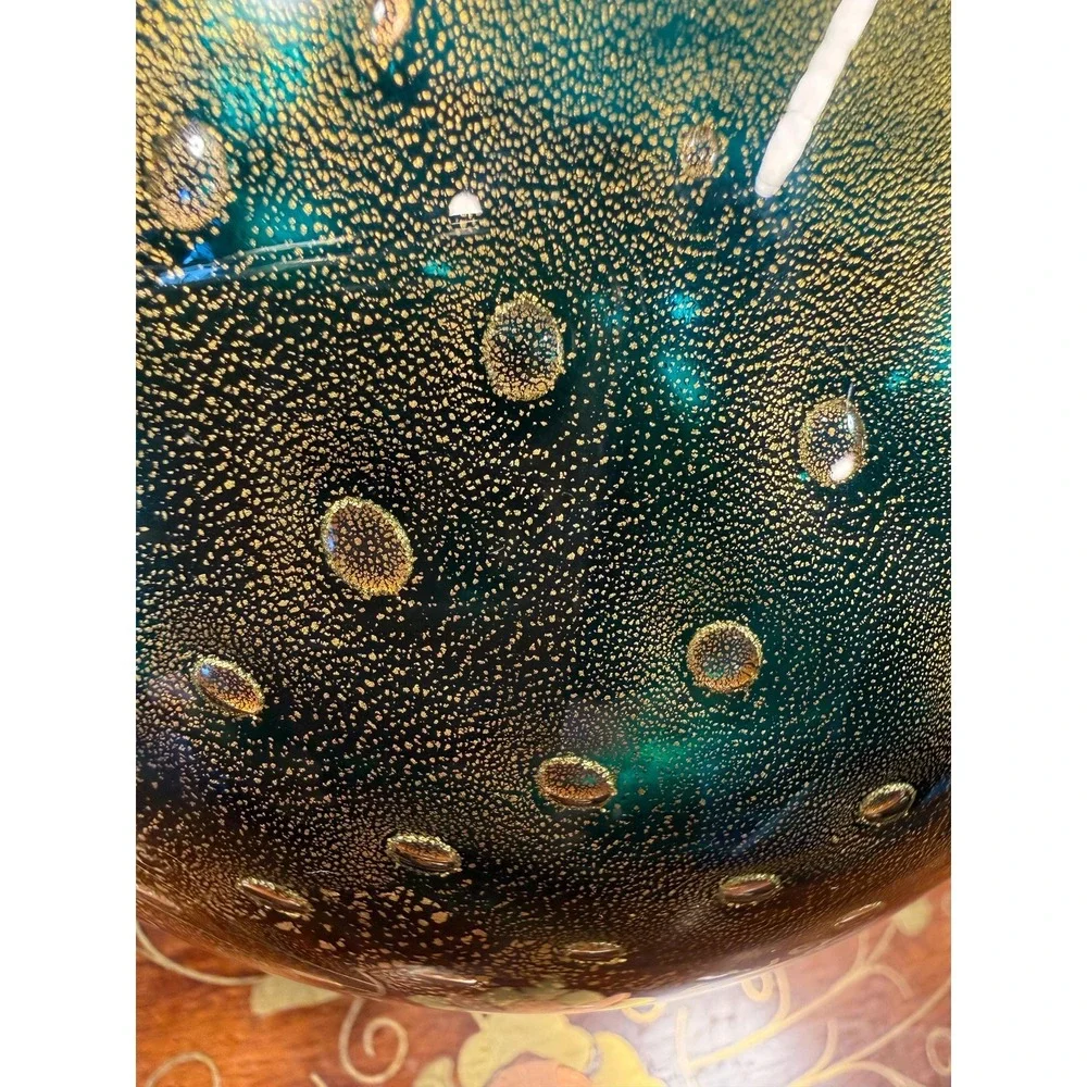 Signed Barbini Murano Art Glass Vase Emerald Green Gold Aventurine Bullicante 7